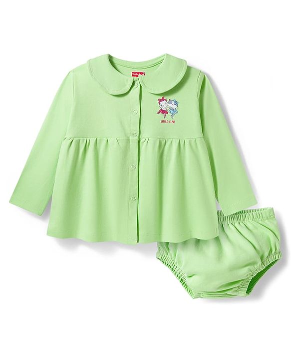 Babyhug Interlock Knit Full Sleeves Frock with Bloomer & Kitty Print - Light Green