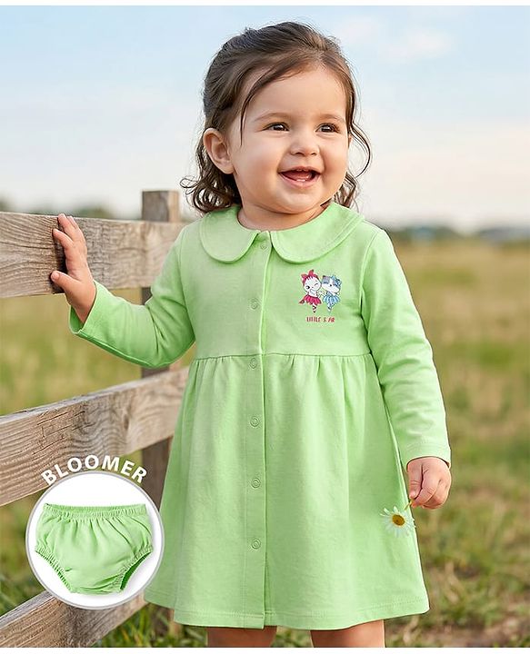 Babyhug Interlock Knit Full Sleeves Frock with Bloomer & Kitty Print - Light Green