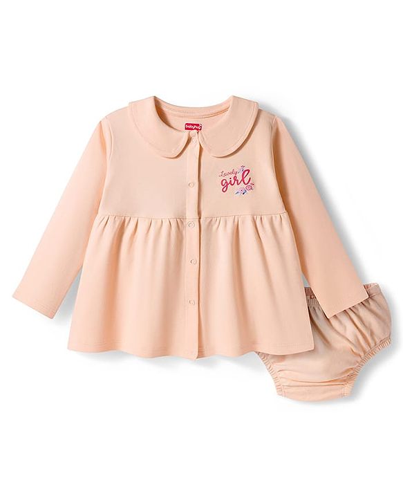 Babyhug Interlock Knit Full Sleeves Frock with Bloomer & Text Print - Pink