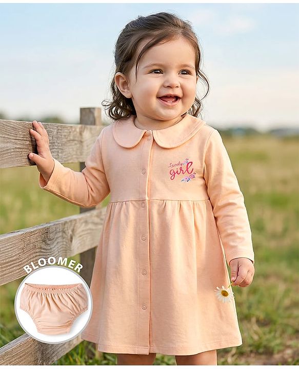 Babyhug Interlock Knit Full Sleeves Frock with Bloomer & Text Print - Pink