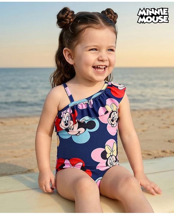 Babyhug Disney Sleeveless V Cut Swimsuit With Minnie Mouse Print - Navy Blue