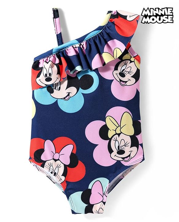 Babyhug Disney Sleeveless V Cut Swimsuit With Minnie Mouse Print - Navy Blue