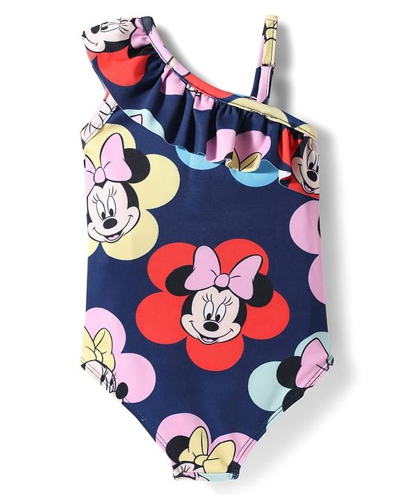 Babyhug Disney Sleeveless V Cut Swimsuit With Minnie Mouse Print - Navy Blue