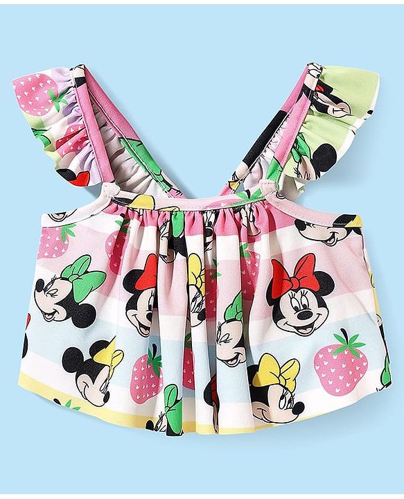 Babyhug Disney Knit Frill Sleeves Co-ords Two Piece Swimsuit with Minnie Mouse Print - Multicolor