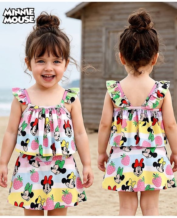 Babyhug Disney Knit Frill Sleeves Co-ords Two Piece Swimsuit with Minnie Mouse Print - Multicolor