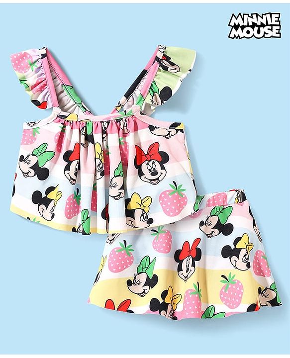 Babyhug Disney Knit Frill Sleeves Co-ords Two Piece Swimsuit with Minnie Mouse Print - Multicolor