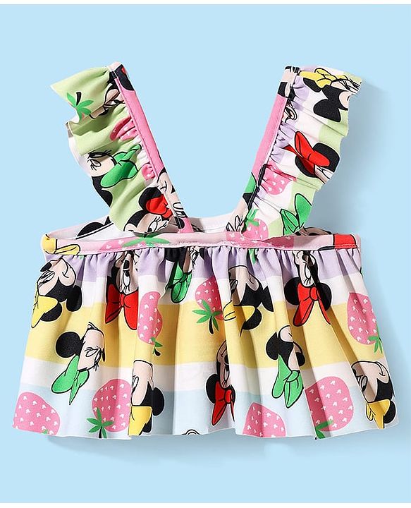 Babyhug Disney Knit Frill Sleeves Co-ords Two Piece Swimsuit with Minnie Mouse Print - Multicolor