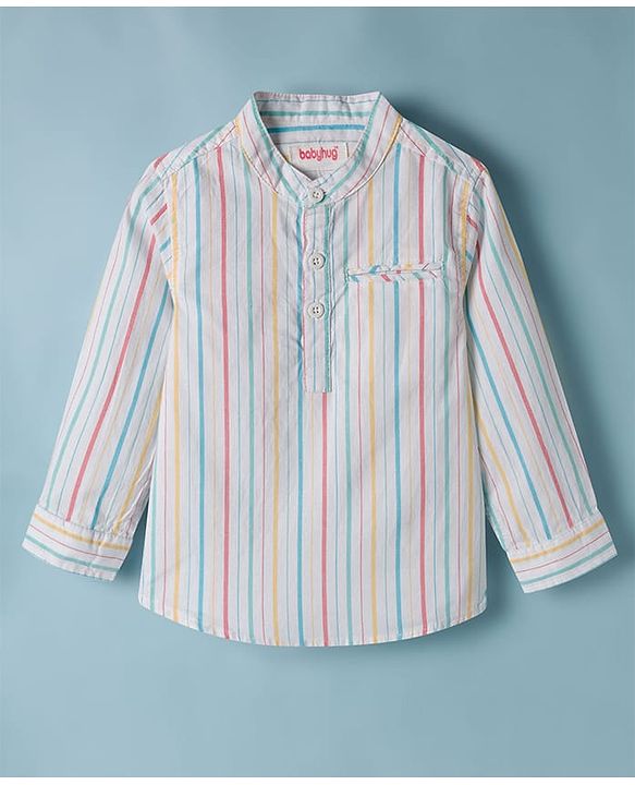 Babyhug 100% Cotton Woven Full Sleeves Striped Kurta Shirt With Mandarin Collar - Multicolour