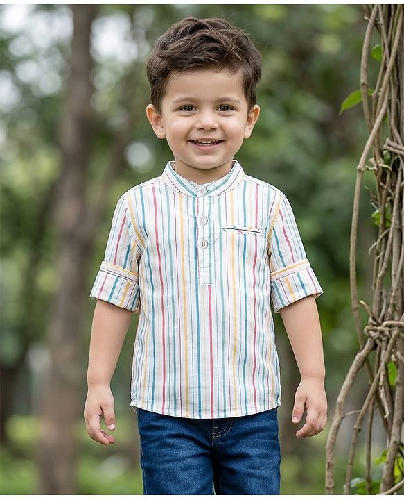 Babyhug 100% Cotton Woven Full Sleeves Striped Kurta Shirt With Mandarin Collar - Multicolour