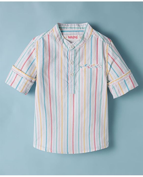 Babyhug 100% Cotton Woven Full Sleeves Striped Kurta Shirt With Mandarin Collar - Multicolour