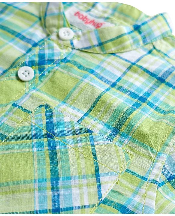 Babyhug Cotton Woven Half Sleeve Mandarin Collar Checked Shirt - Light Green