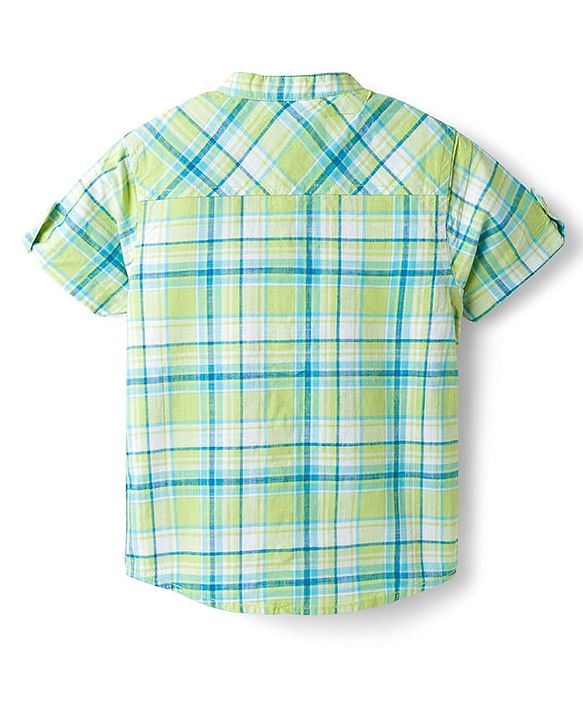 Babyhug Cotton Woven Half Sleeve Mandarin Collar Checked Shirt - Light Green