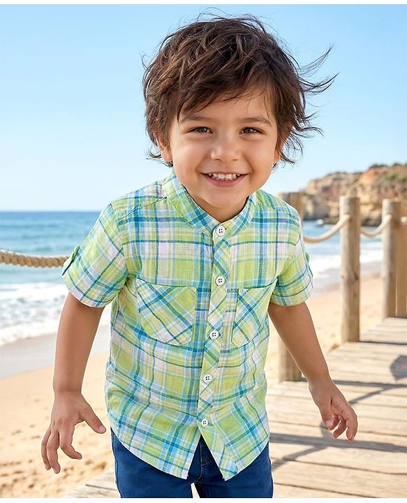 Babyhug Cotton Woven Half Sleeve Mandarin Collar Checked Shirt - Light Green