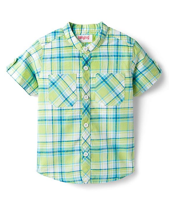 Babyhug Cotton Woven Half Sleeve Mandarin Collar Checked Shirt - Light Green