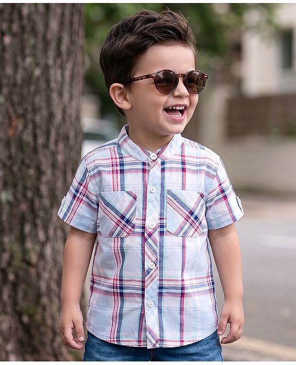 Babyhug Cotton Woven Half Sleeve Mandarin Collar Checked Shirt - Light Blue