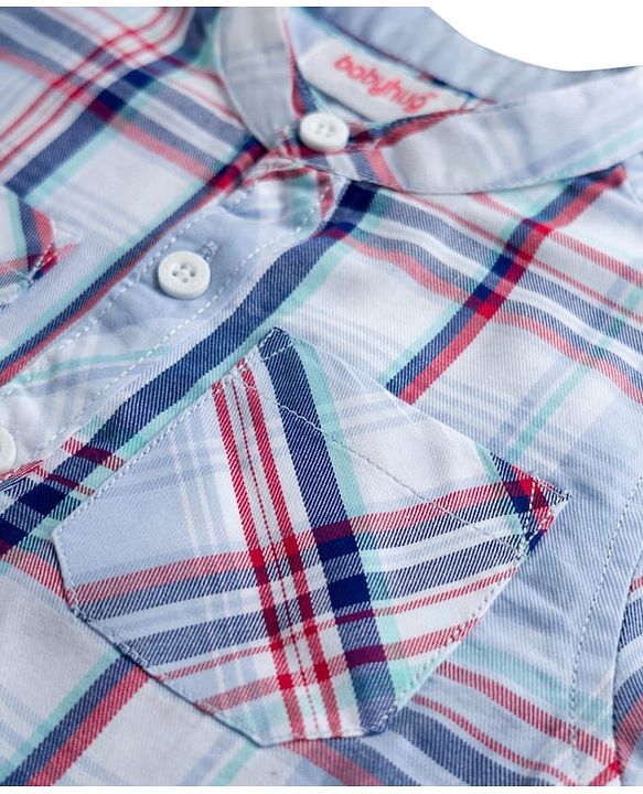 Babyhug Cotton Woven Half Sleeve Mandarin Collar Checked Shirt - Light Blue