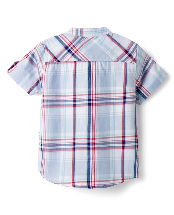 Babyhug Cotton Woven Half Sleeve Mandarin Collar Checked Shirt - Light Blue
