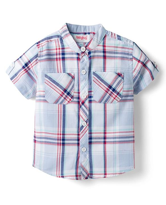 Babyhug Cotton Woven Half Sleeve Mandarin Collar Checked Shirt - Light Blue