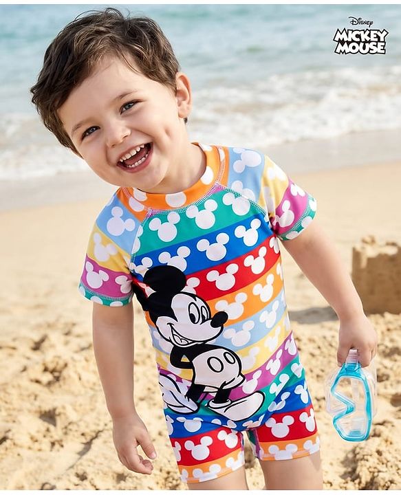 Babyhug Disney Half Raglan Sleeves Legged Swimsuit with Mickey Mouse Graphic - Multicolor