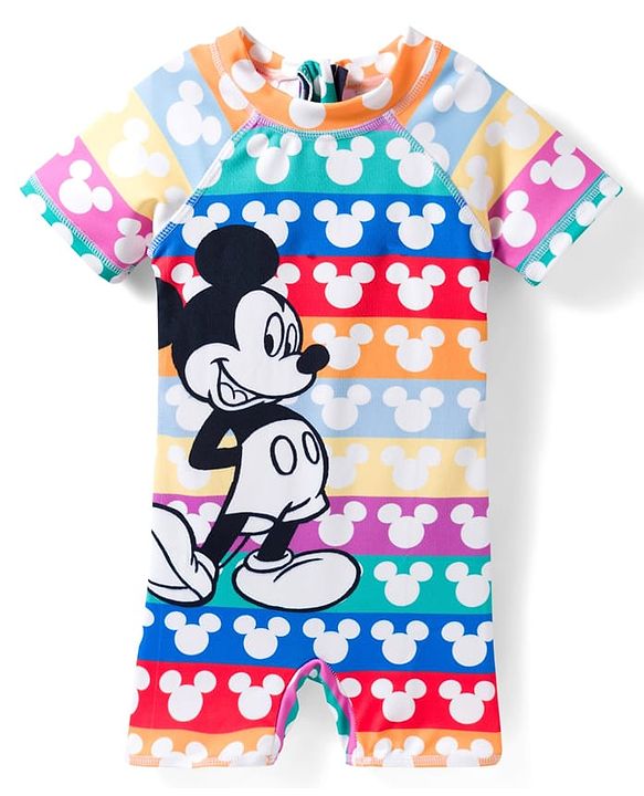 Babyhug Disney Half Raglan Sleeves Legged Swimsuit with Mickey Mouse Graphic - Multicolor