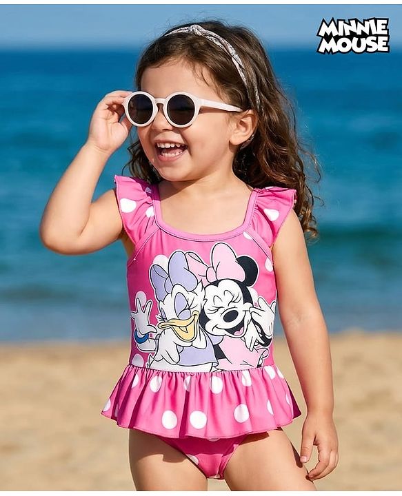 Babyhug Disney Sleeveless Frock Swimsuit With Minnie Mouse Graphics - Pink