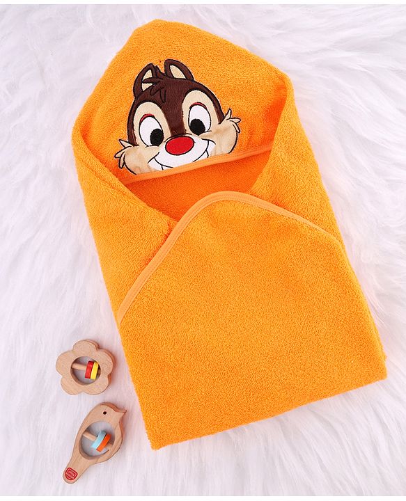 Babyhug Disney 100% Cotton Woven Hooded Towel With Chip N Dale Design L 71 x B 71 cm - Yellow