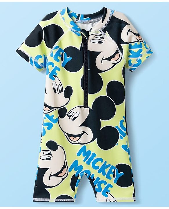 Babyhug Disney Half Raglan Sleeves Legged Swimsuit With Mickey Mouse Graphics - Multicolor