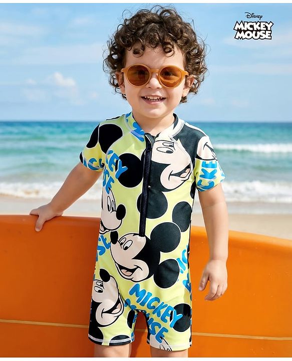 Babyhug Disney Half Raglan Sleeves Legged Swimsuit With Mickey Mouse Graphics - Multicolor
