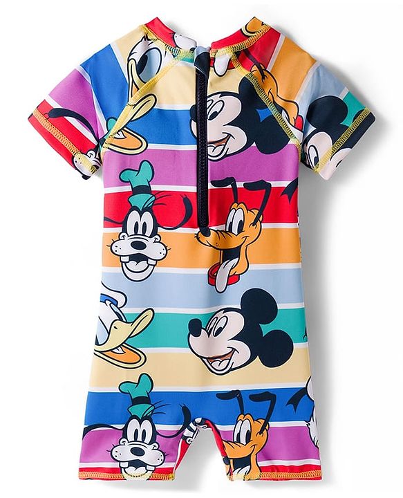 Babyhug Disney Raglan Half Sleeve Legged Swimsuit With Mickey Mouse Graphics -Multicolour