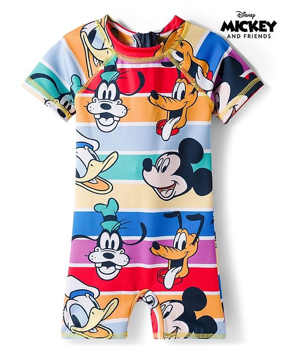 Babyhug Disney Raglan Half Sleeve Legged Swimsuit With Mickey Mouse Graphics -Multicolour
