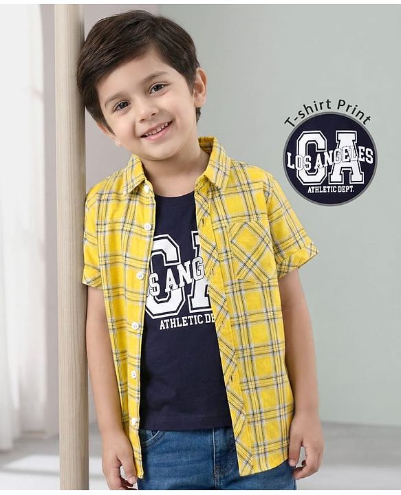 Babyhug Cotton Woven Half Sleeves Checks Shirt with Text Printed T-Shirt - Yellow