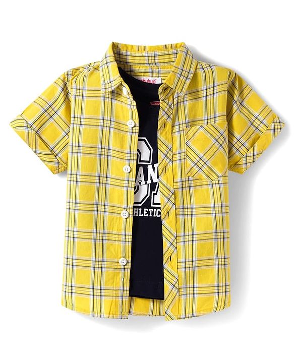 Babyhug Cotton Woven Half Sleeves Checks Shirt with Text Printed T-Shirt - Yellow