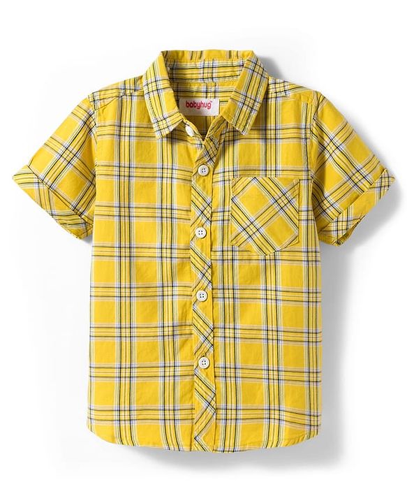 Babyhug Cotton Woven Half Sleeves Checks Shirt with Text Printed T-Shirt - Yellow