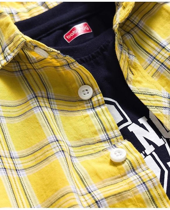 Babyhug Cotton Woven Half Sleeves Checks Shirt with Text Printed T-Shirt - Yellow