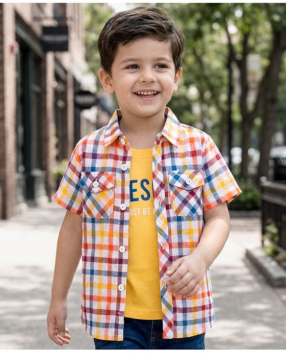 Babyhug Cotton Woven Half Sleeves Checks Shirt with Text Printed T-Shirt - Multicolor
