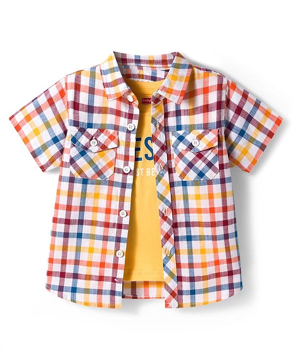 Babyhug Cotton Woven Half Sleeves Checks Shirt with Text Printed T-Shirt - Multicolor
