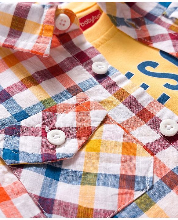 Babyhug Cotton Woven Half Sleeves Checks Shirt with Text Printed T-Shirt - Multicolor