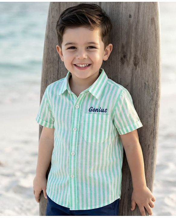 Babyhug Cotton Woven Half Sleeves  Striped Shirt with Genuis Text Embroidery - Green