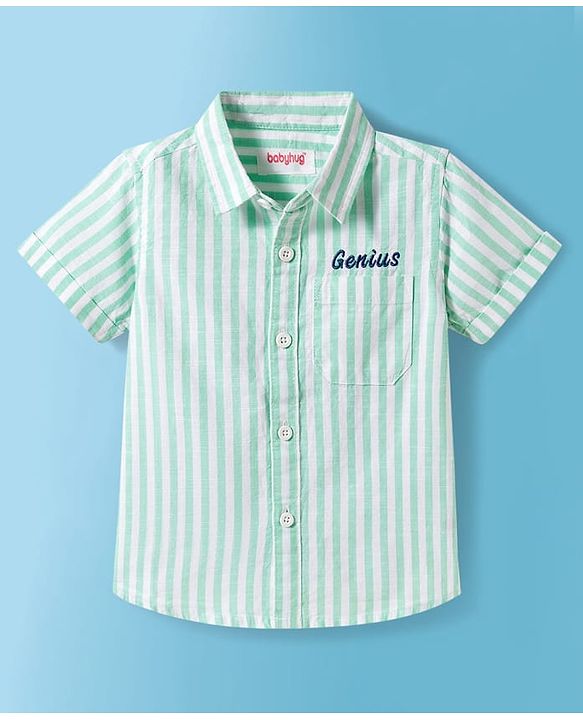 Babyhug Cotton Woven Half Sleeves  Striped Shirt with Genuis Text Embroidery - Green