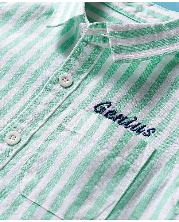 Babyhug Cotton Woven Half Sleeves  Striped Shirt with Genuis Text Embroidery - Green
