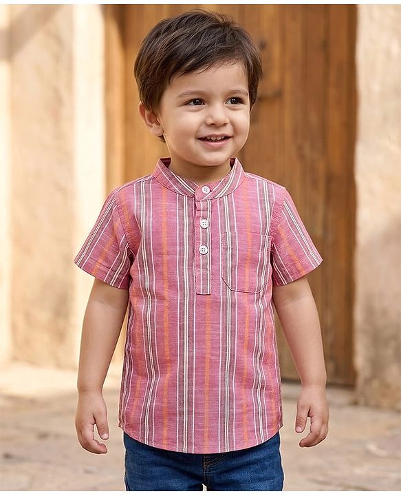 Babyhug Cotton Woven Half Sleeves Mandarin Collar Striped Kurta Shirt - Multicolor