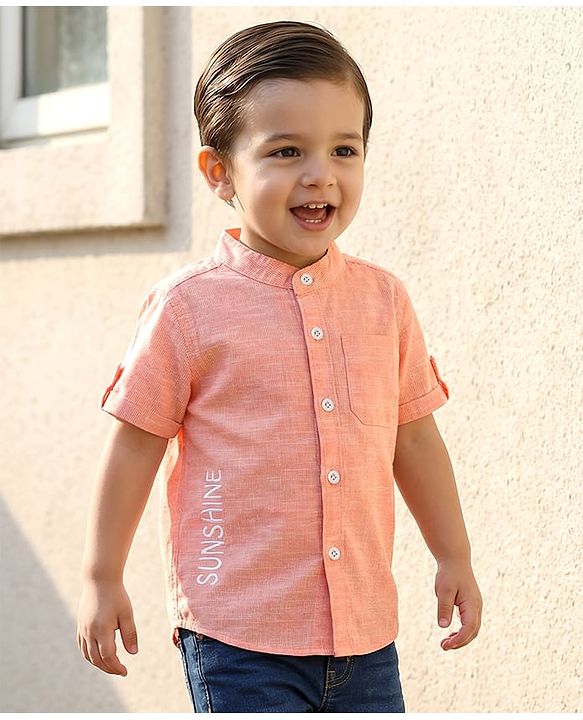 Babyhug Cotton Woven Half Sleeve Mandarin Collar Shirt - Light Orange