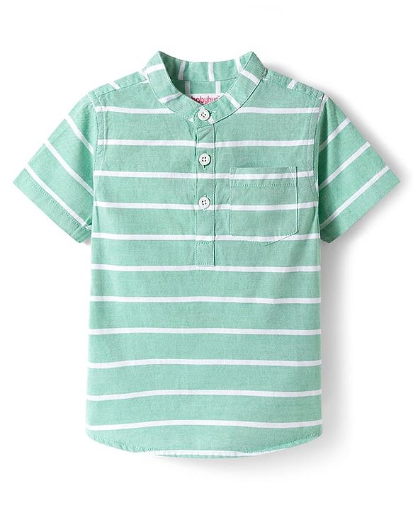 Babyhug Cotton Woven Half Sleeves  Mandarin Collar Striped Kurta Shirt - Green