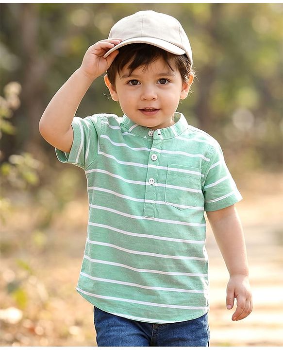 Babyhug Cotton Woven Half Sleeves  Mandarin Collar Striped Kurta Shirt - Green