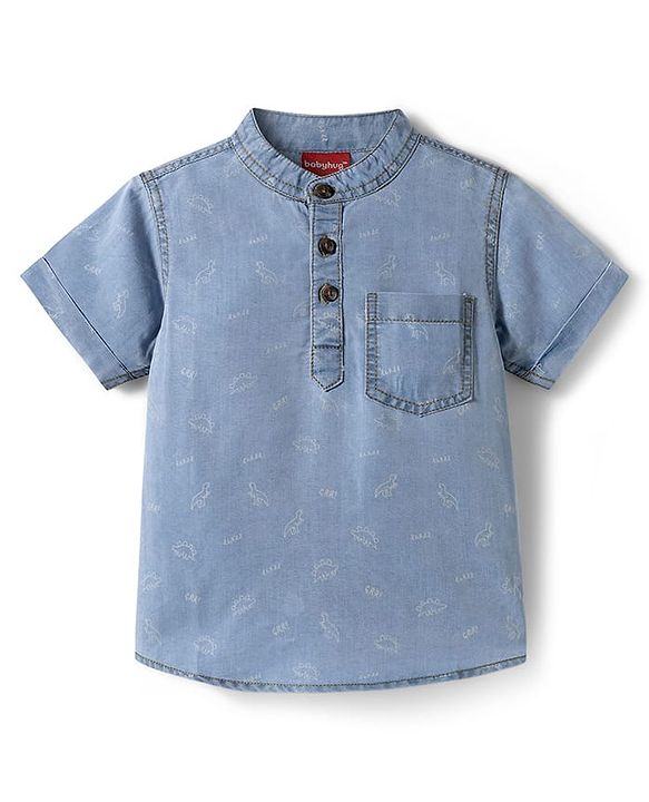 Babyhug Cotton Woven Half Sleeves Mandarin Collar Dino Printed Kurta Shirt - Blue