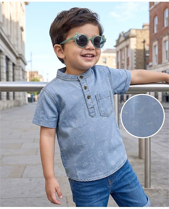 Babyhug Cotton Woven Half Sleeves Mandarin Collar Dino Printed Kurta Shirt - Blue