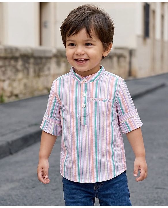 Babyhug Cotton Woven Full Sleeves Mandarin Collar Striped Kurta Shirt - Multicolor