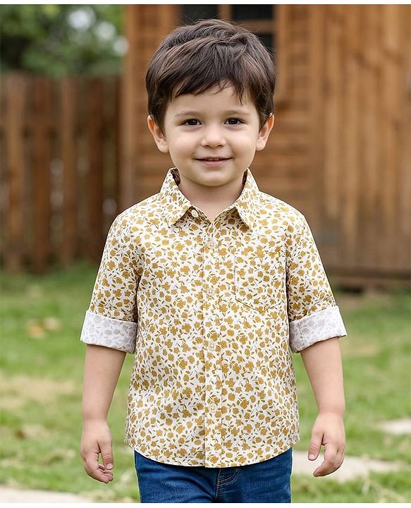 Babyhug Cotton Woven Full Sleeves Floral Printed Shirt -White & Yellow