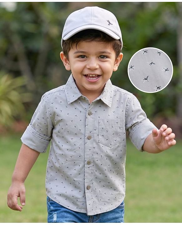 Babyhug Cotton Woven Full Sleeves Printed Shirt - Grey