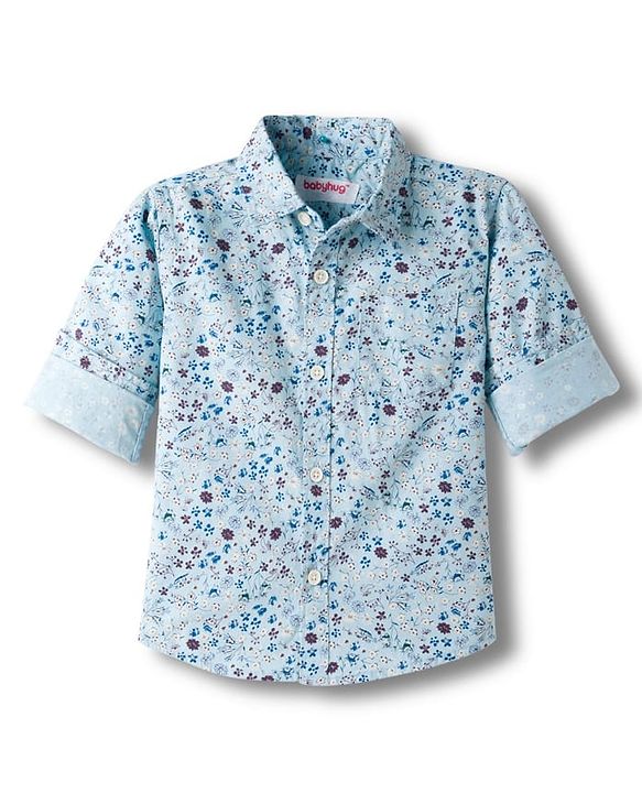 Babyhug Cotton Woven Full Sleeves Floral Printed Shirt - Light Blue